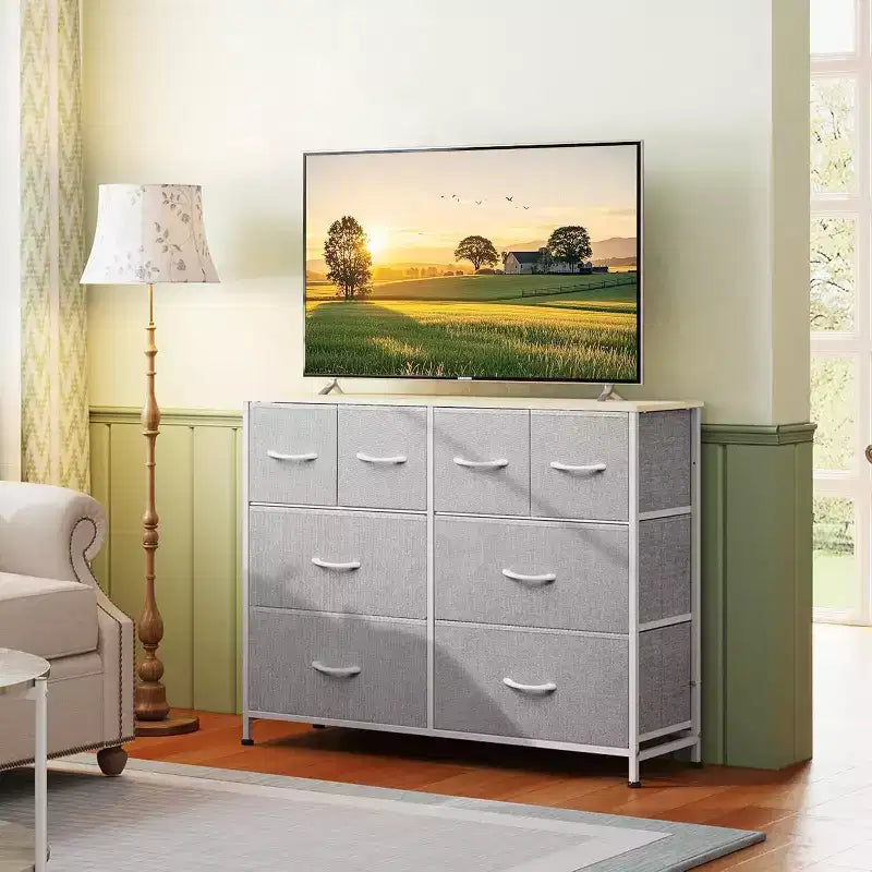 DEXYLLO 8-Drawer Dresser for Bedroom, Fabric Storage Dresser, Wide Chest of Drawers for Living Room, Closet, Entryway,Light Grey