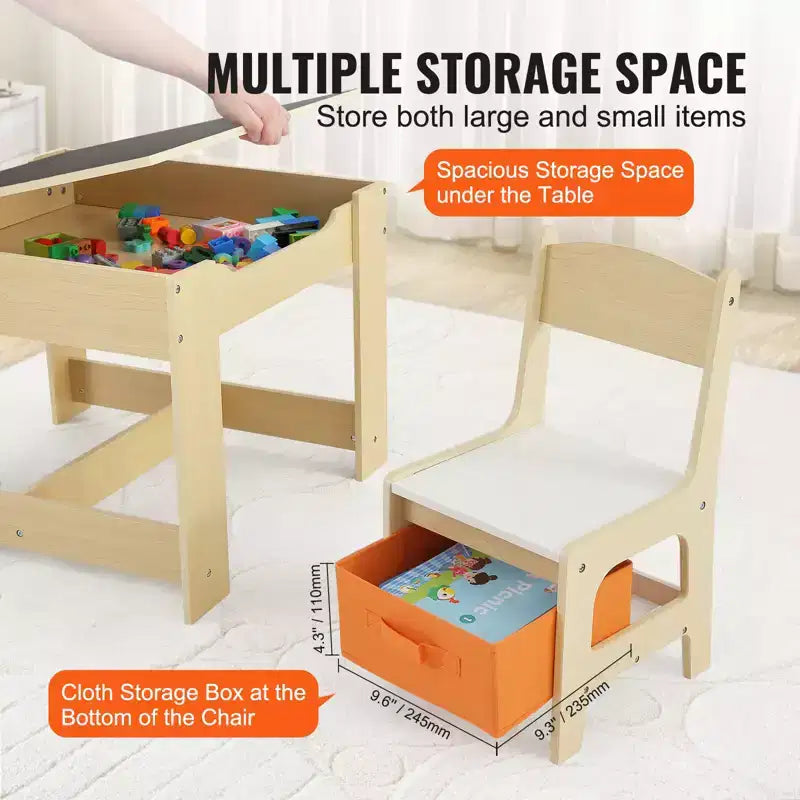 Set Tavolo e Sedie per Bambini VEVOR, Tavolo Attività in Legno con Spazio Contenitore e Scatole, Tavolo da Gioco per Bambini per Arte, Artigianato, Lettura, Apprendimento, Beige