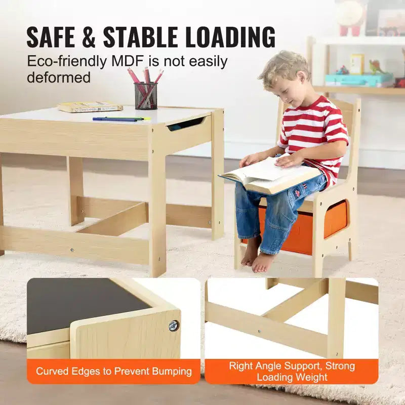 Set Tavolo e Sedie per Bambini VEVOR, Tavolo Attività in Legno con Spazio Contenitore e Scatole, Tavolo da Gioco per Bambini per Arte, Artigianato, Lettura, Apprendimento, Beige