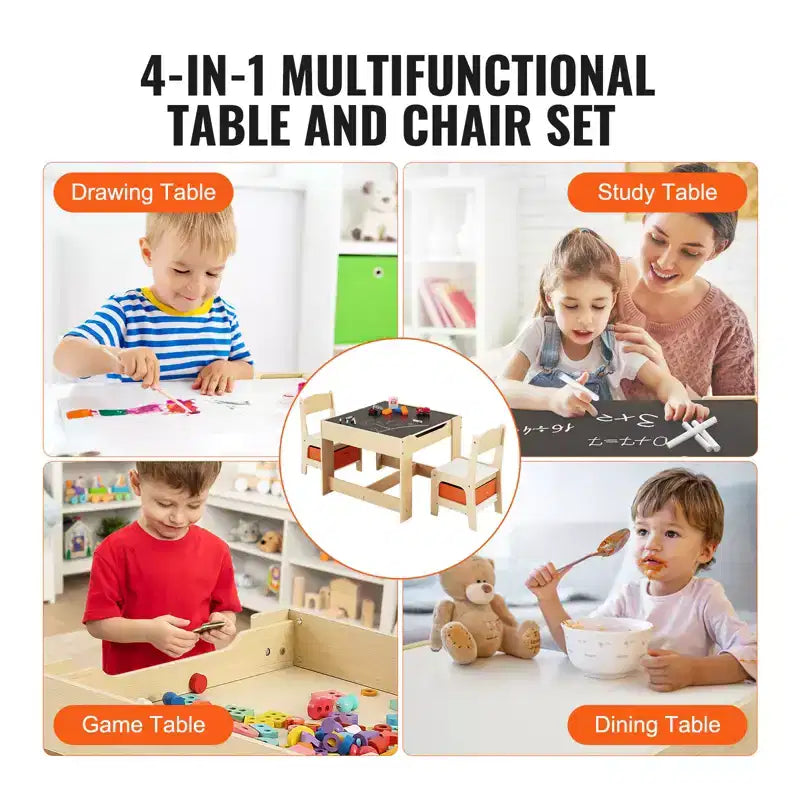 Set Tavolo e Sedie per Bambini VEVOR, Tavolo Attività in Legno con Spazio Contenitore e Scatole, Tavolo da Gioco per Bambini per Arte, Artigianato, Lettura, Apprendimento, Beige