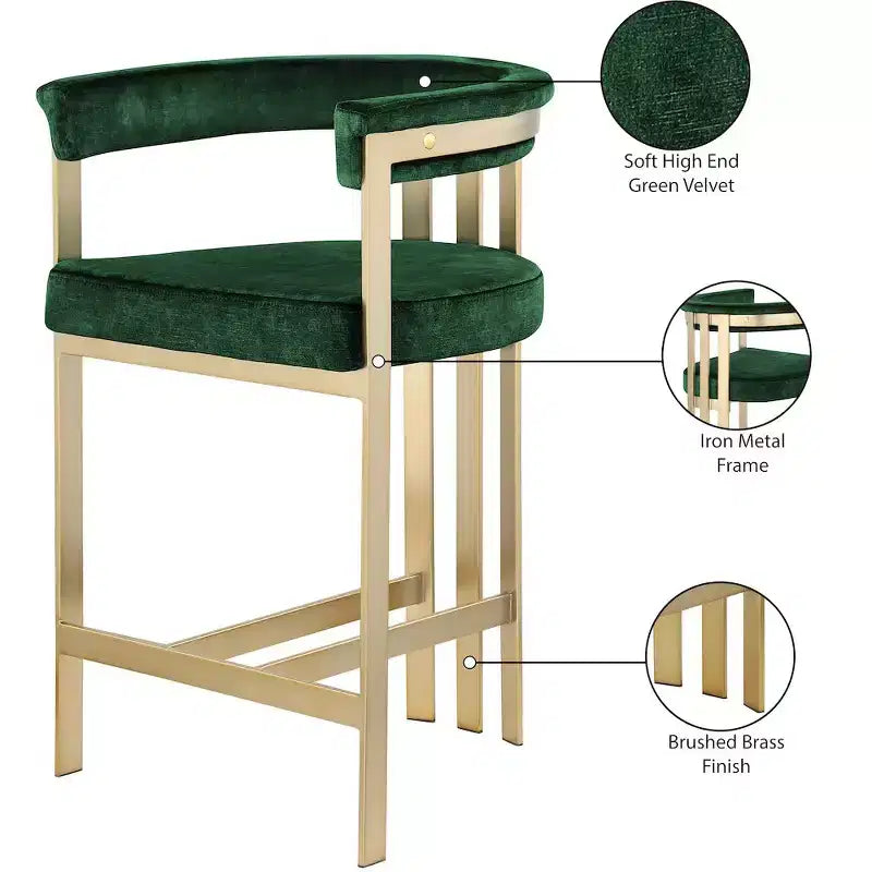 Meridian Furniture, Sgabello da bancone Marcello in velluto verde, set da 2