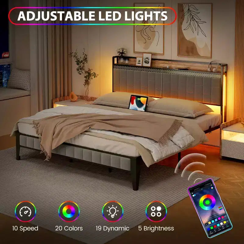 Struttura letto con testiera contenitore | Luci a LED e prese di ricarica | Nessuna rete a molle necessaria | Struttura in metallo | Facile da montare