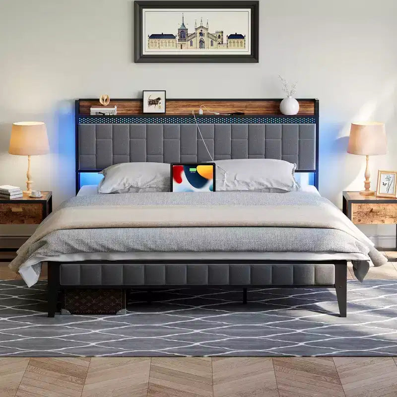 Struttura letto con testiera contenitore | Luci a LED e prese di ricarica | Nessuna rete a molle necessaria | Struttura in metallo | Facile da montare