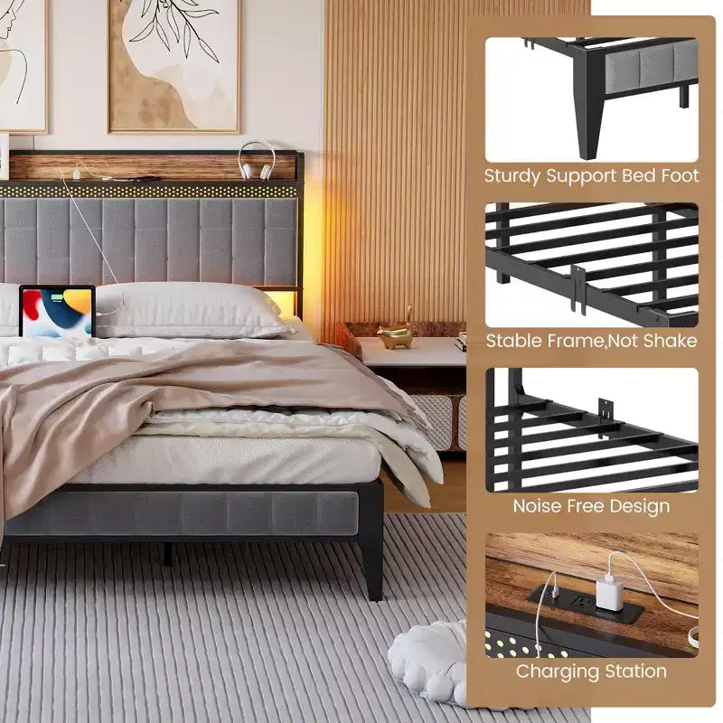 Struttura letto con testiera contenitore | Luci a LED e prese di ricarica | Nessuna rete a molle necessaria | Struttura in metallo | Facile da montare