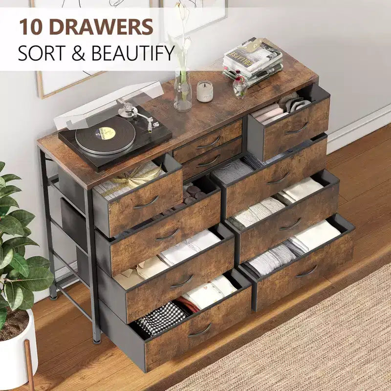 Cassettiera con 10 Cassetti in Tessuto, Mobile TV per Televisori da 50 Pollici, Tavolino Porta TV con Contenitore, Mobili per Soggiorno