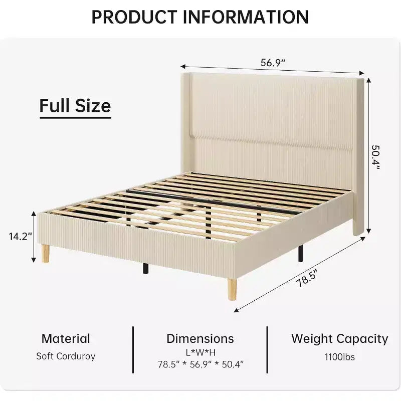 DobleePy Struttura Letto Imbottita Full Size Beige, Piattaforma in Velluto a Coste con Testiera ad Ali, Doghe in Legno, Nessun Box Spring Necessario