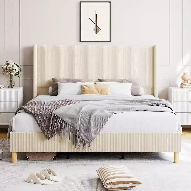 DobleePy Struttura Letto Imbottita Full Size Beige, Piattaforma in Velluto a Coste con Testiera ad Ali, Doghe in Legno, Nessun Box Spring Necessario