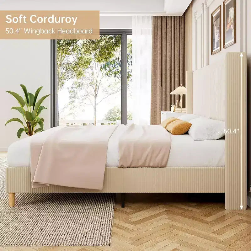 DobleePy Struttura Letto Imbottita Full Size Beige, Piattaforma in Velluto a Coste con Testiera ad Ali, Doghe in Legno, Nessun Box Spring Necessario