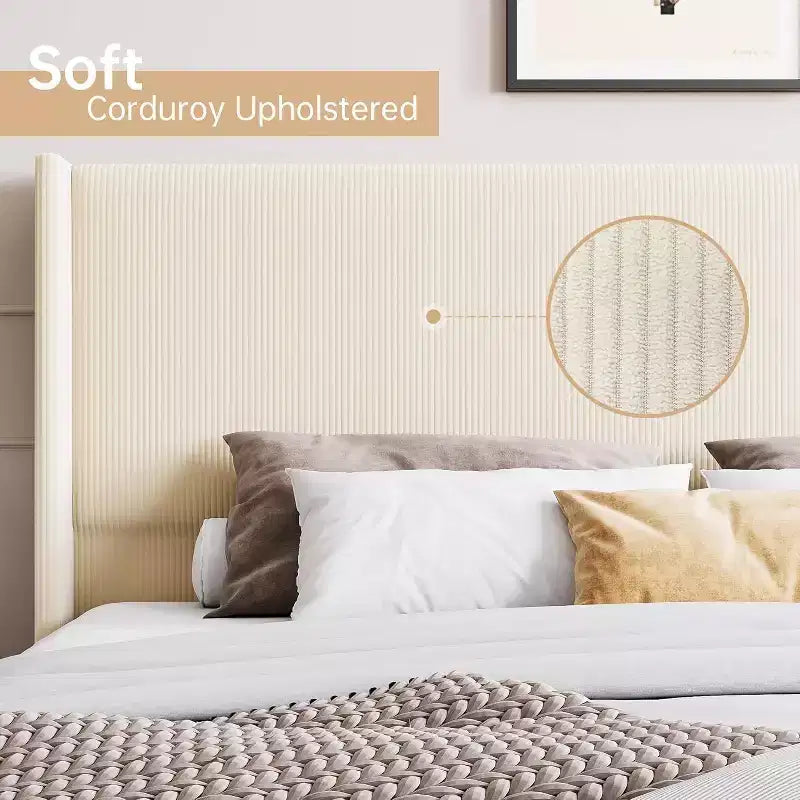 DobleePy Struttura Letto Imbottita Full Size Beige, Piattaforma in Velluto a Coste con Testiera ad Ali, Doghe in Legno, Nessun Box Spring Necessario
