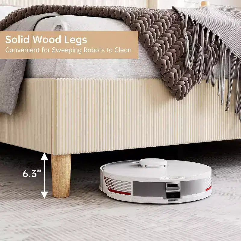 DobleePy Struttura Letto Imbottita Full Size Beige, Piattaforma in Velluto a Coste con Testiera ad Ali, Doghe in Legno, Nessun Box Spring Necessario