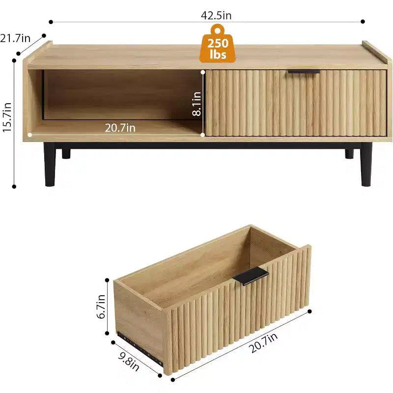 Tavolino da caffè scanalato CuisinSmart, Tavolino da caffè in legno chiaro, Tavolino da cocktail a 2 ripiani con cassetti