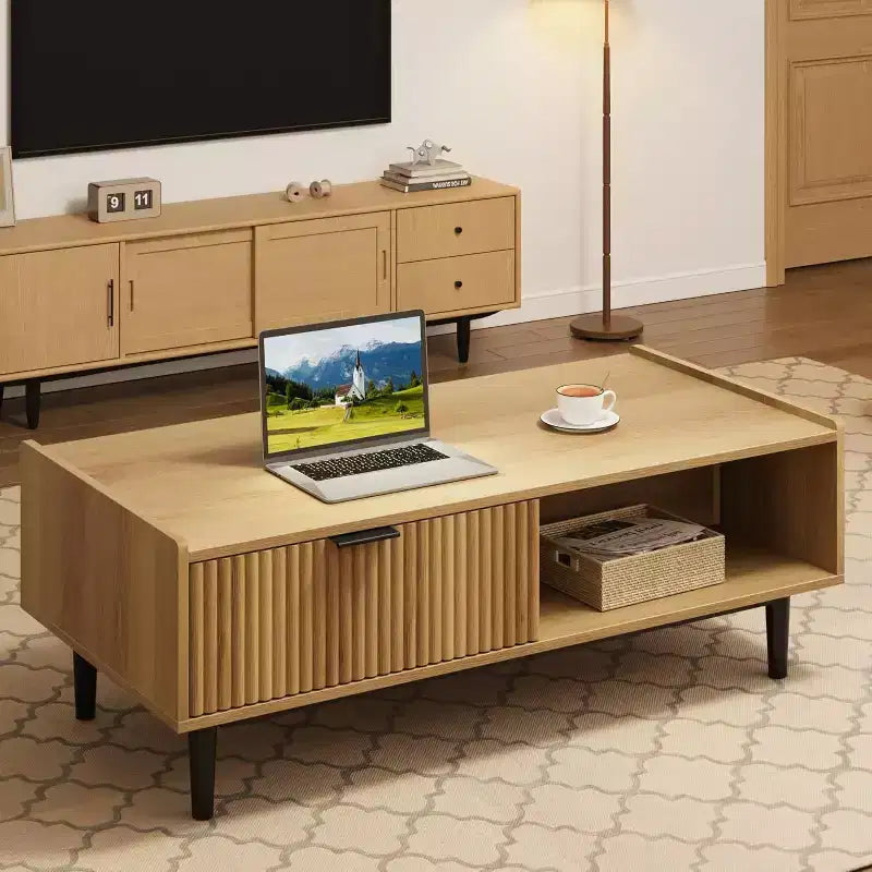 Tavolino da caffè scanalato CuisinSmart, Tavolino da caffè in legno chiaro, Tavolino da cocktail a 2 ripiani con cassetti