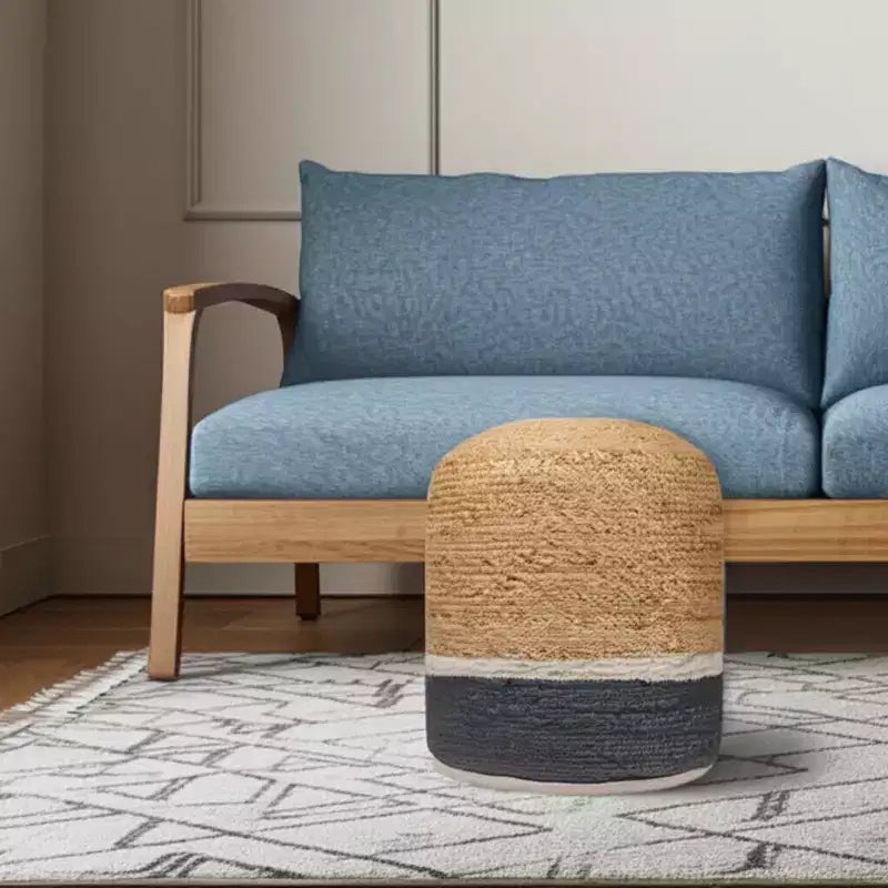 HomeRoots Pouf/Ottoman a Cilindro a Righe in Misto Iuta Naturale e Grigio 18