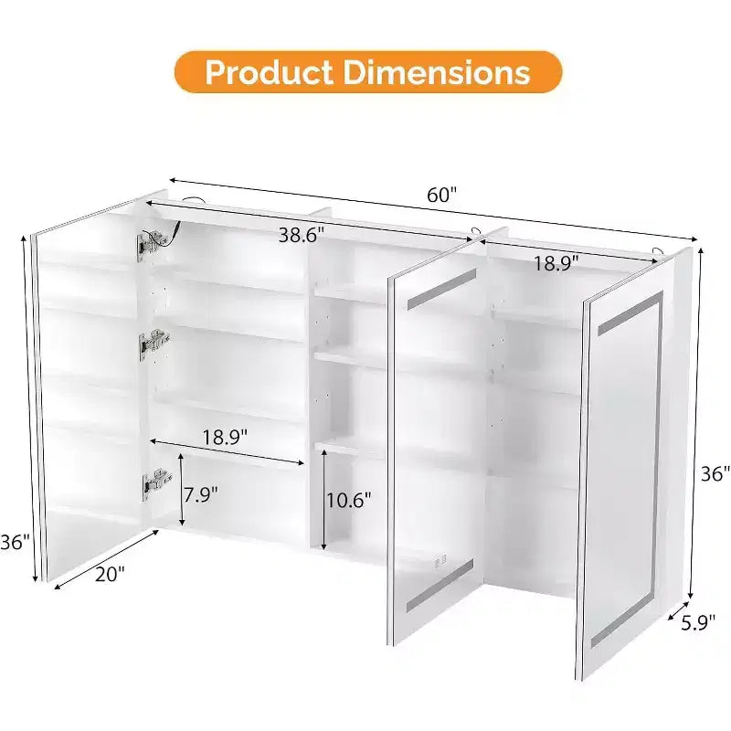 VINGLI Mobiletto specchio da bagno extra large da 60 x 36 pollici con illuminazione, armadietto da bagno grande a 3 ante montato a parete con luci