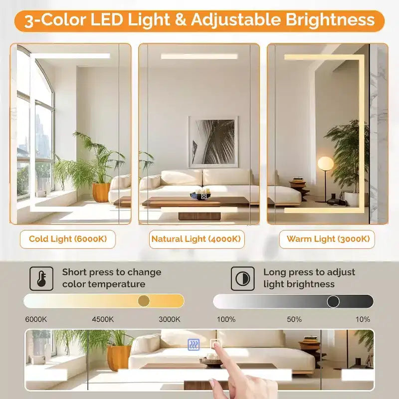 VINGLI Mobiletto specchio da bagno extra large da 60 x 36 pollici con illuminazione, armadietto da bagno grande a 3 ante montato a parete con luci