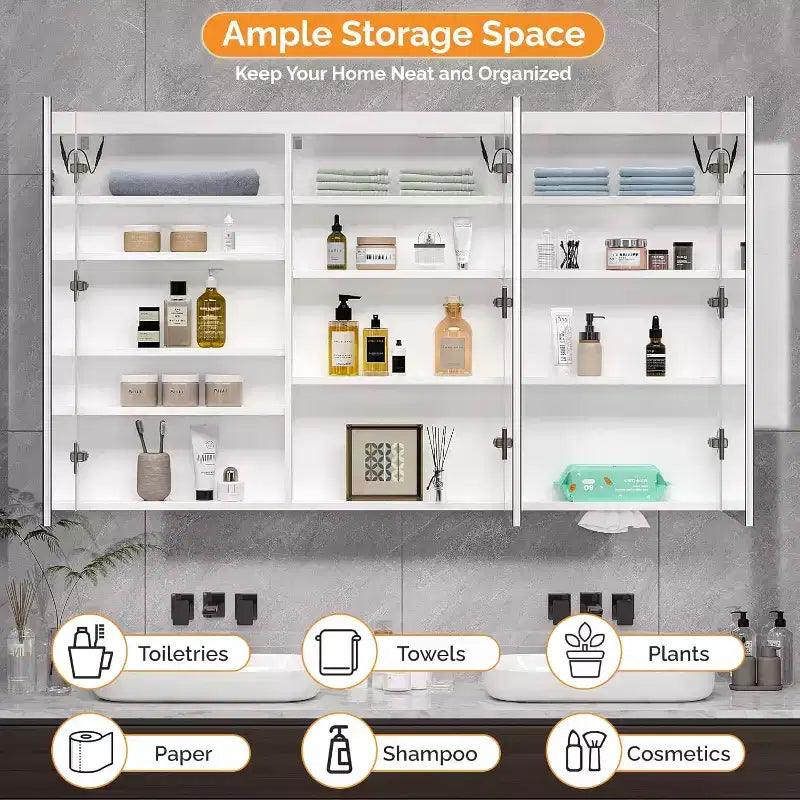 VINGLI Mobiletto specchio da bagno extra large da 60 x 36 pollici con illuminazione, armadietto da bagno grande a 3 ante montato a parete con luci