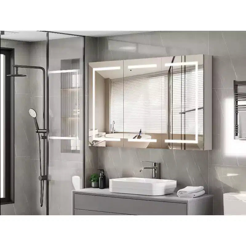 VINGLI Mobiletto specchio da bagno extra large da 60 x 36 pollici con illuminazione, armadietto da bagno grande a 3 ante montato a parete con luci