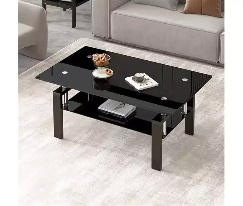 CuisinSmart Tavolino da Caffè in Vetro, Tavolino Laterale Moderno per Soggiorno, Tavolino da Tè a 2 Livelli con Piano in Vetro Temperato, Ripiano Inferiore per Soggiorno