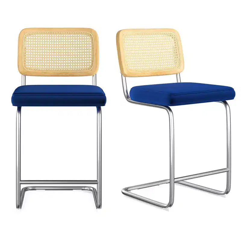 PexFix 2 sgabelli da bar altezza bancone imbottiti in velluto con schienale in rattan, 61 cm, senza braccioli, per isola cucina, blu reale