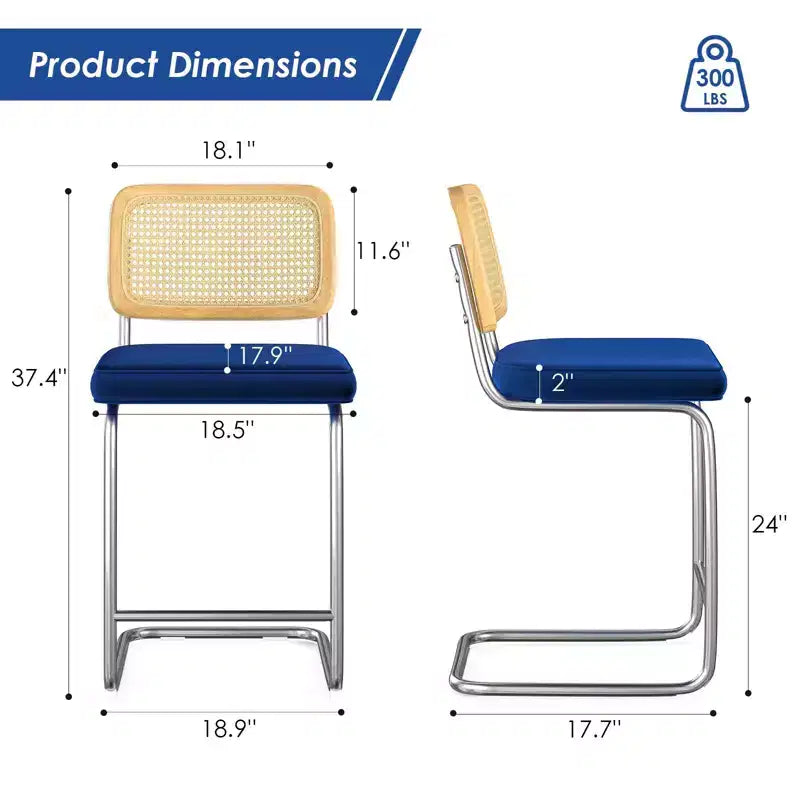 PexFix 2 sgabelli da bar altezza bancone imbottiti in velluto con schienale in rattan, 61 cm, senza braccioli, per isola cucina, blu reale