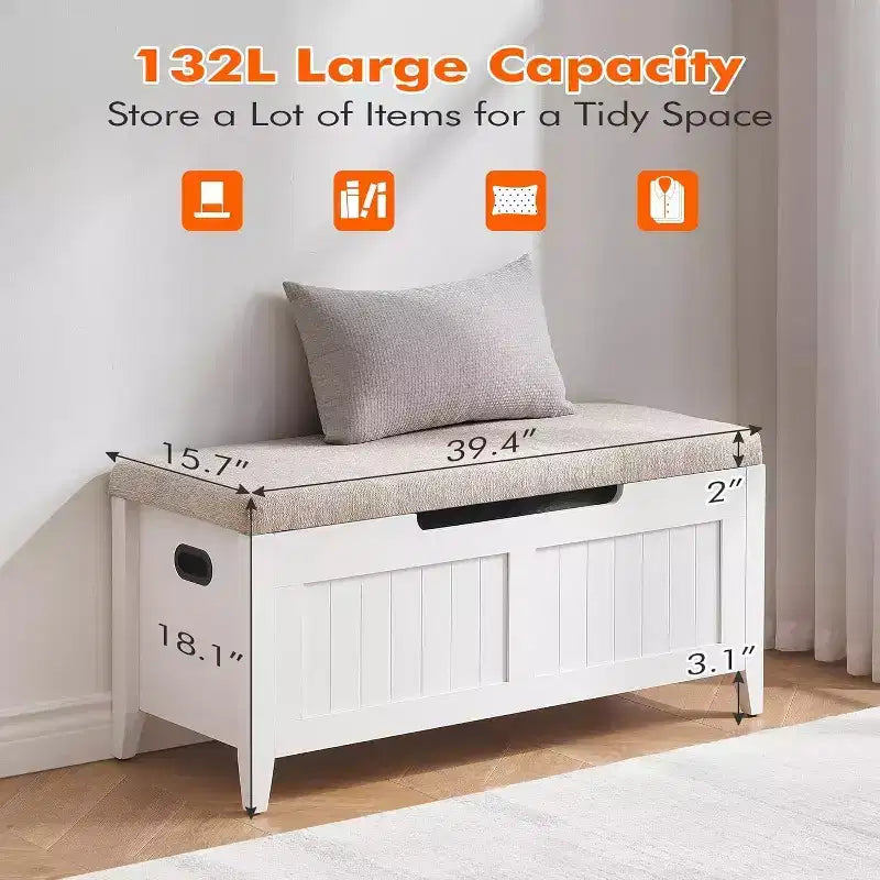 Panca contenitore da 100 cm con seduta imbottita, cassapanca in legno con 2 cerniere di sicurezza per ingresso, soggiorno, camera da letto, facile montaggio