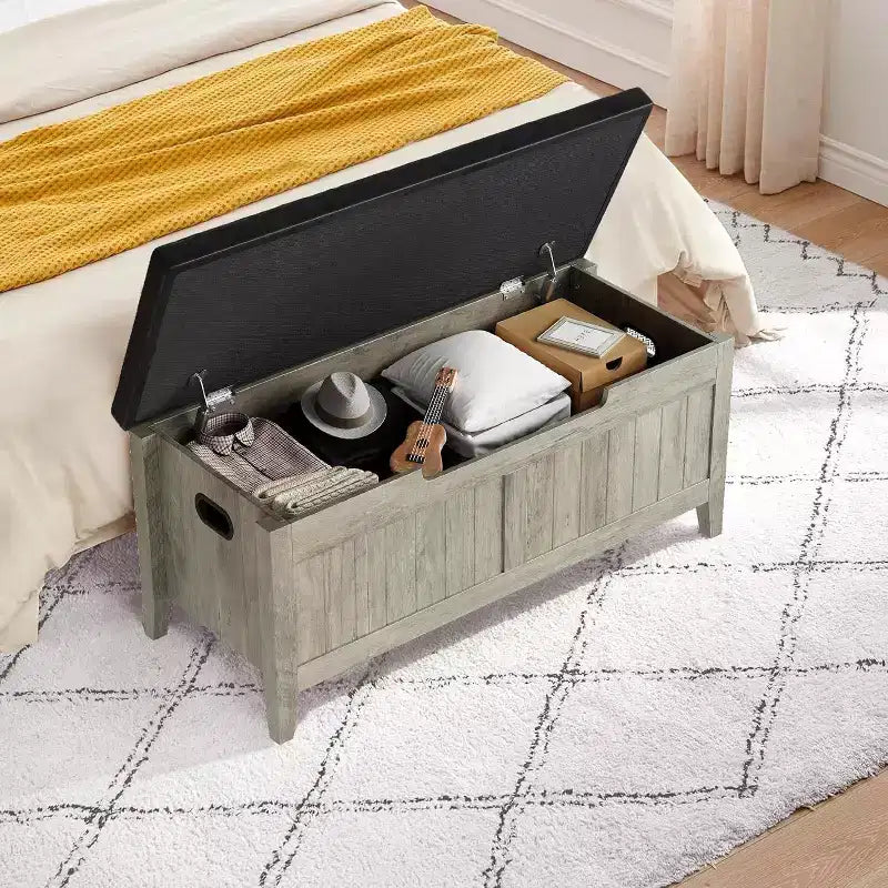 Panca contenitore da 100 cm con seduta imbottita, cassapanca in legno con 2 cerniere di sicurezza per ingresso, soggiorno, camera da letto, facile montaggio