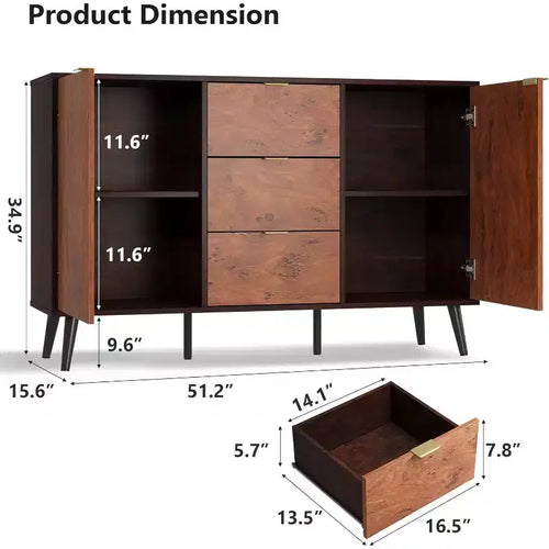 51.2 Mobile Buffet Credenza Noce con 3 Cassetti, Grande Credenza Madia con Ante e Ripiani, Maniglie in Metallo, Compatibile con Robot Aspirapolvere