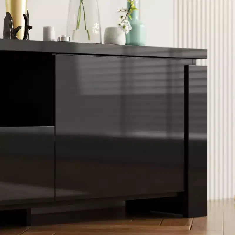 Mobile TV Moderno Famapy Nero con Illuminazione Ambientale: Design Elegante, Spazio di Archiviazione e Luce d'Atmosfera. Eleva il Centro Intrattenimento della Sala.