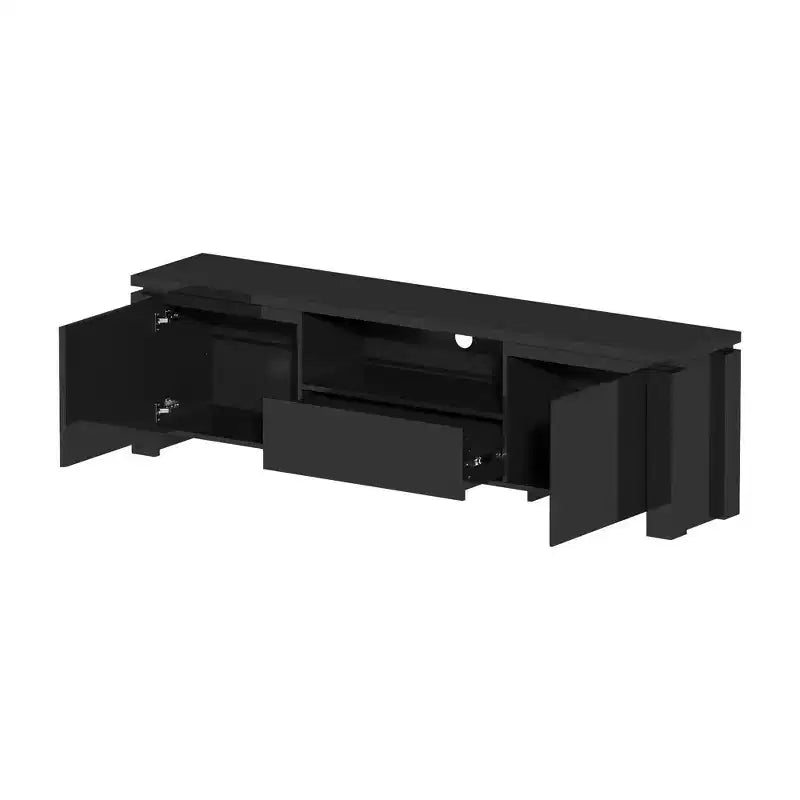 Mobile TV Moderno Famapy Nero con Illuminazione Ambientale: Design Elegante, Spazio di Archiviazione e Luce d'Atmosfera. Eleva il Centro Intrattenimento della Sala.