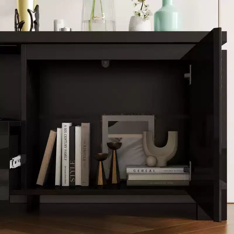 Mobile TV Moderno Famapy Nero con Illuminazione Ambientale: Design Elegante, Spazio di Archiviazione e Luce d'Atmosfera. Eleva il Centro Intrattenimento della Sala.