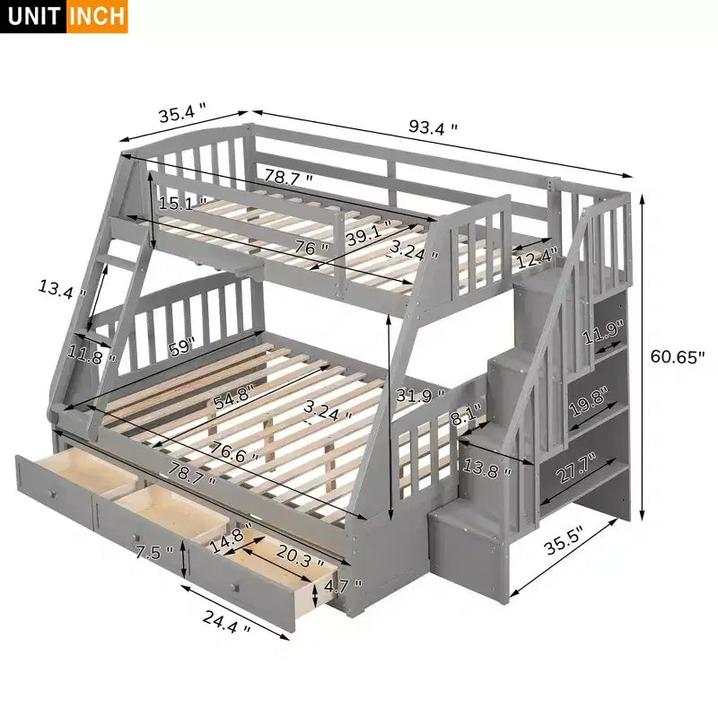 Letto a Castello "Twin-Over-Full" con Cassetti, Scaletta e Scala Contenitore, Espresso