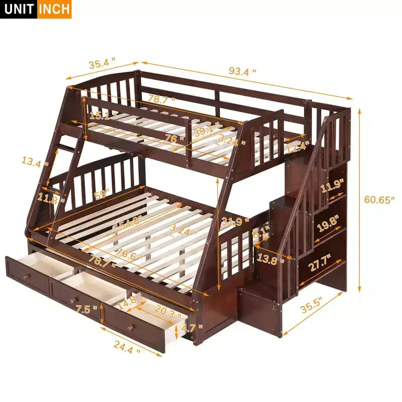Letto a Castello "Twin-Over-Full" con Cassetti, Scaletta e Scala Contenitore, Espresso