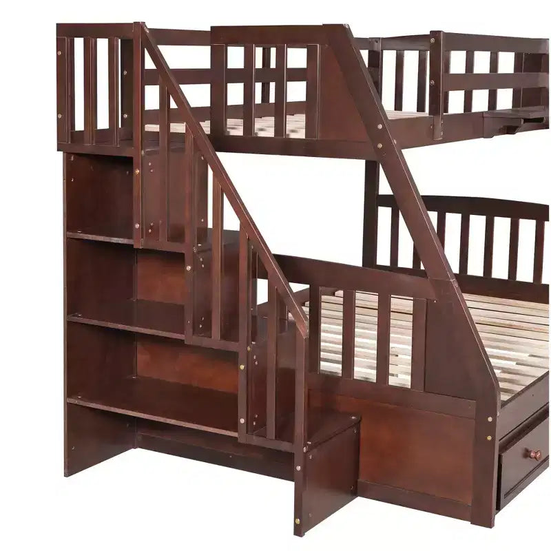 Letto a Castello "Twin-Over-Full" con Cassetti, Scaletta e Scala Contenitore, Espresso