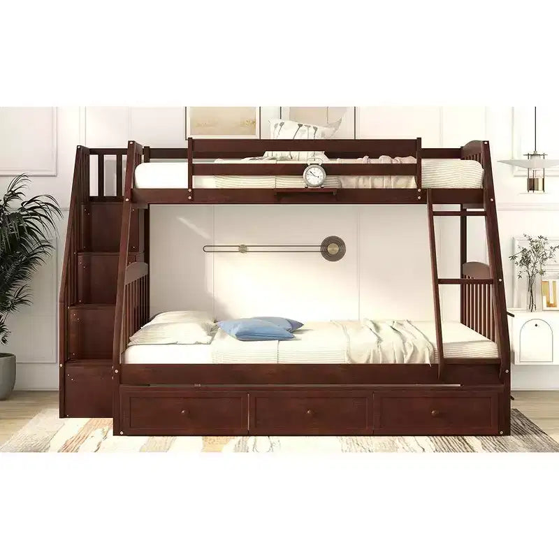 Letto a Castello "Twin-Over-Full" con Cassetti, Scaletta e Scala Contenitore, Espresso