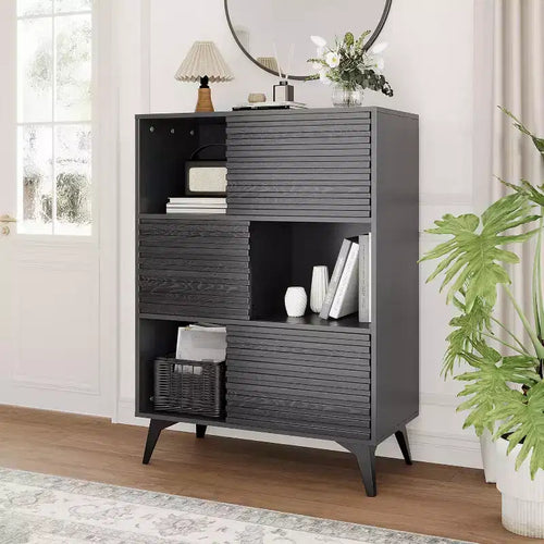 43 Fluted Storage Cabinet w/Sliding Doors - 3-Tier Adjustable Shelf Organizer for Living Room & Kitchen