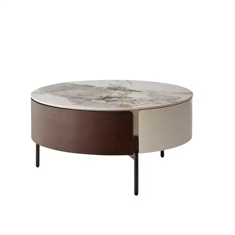 GDFStudio Eugene Tavolino da caffè rotondo moderno da 31,5" in legno e ceramica con cassetti e gambe in metallo