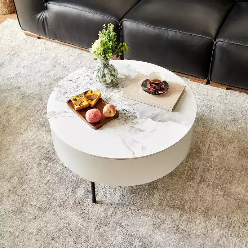 GDFStudio Eugene Tavolino da caffè rotondo moderno da 31,5" in legno e ceramica con cassetti e gambe in metallo