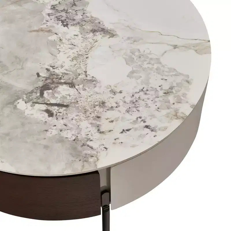 GDFStudio Eugene Tavolino da caffè rotondo moderno da 31,5" in legno e ceramica con cassetti e gambe in metallo