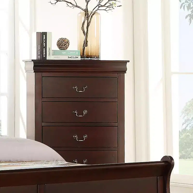 Mobili per camera da letto in legno massello Okak: cassettiera a 5 cassetti o comodino a 2 cassetti, letto a slitta, accessori in ottone, facile montaggio