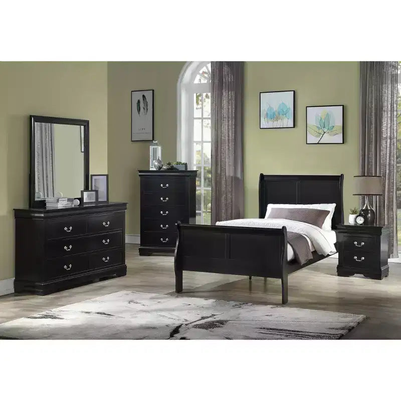 Mobili per camera da letto in legno massello Okak: cassettiera a 5 cassetti o comodino a 2 cassetti, letto a slitta, accessori in ottone, facile montaggio