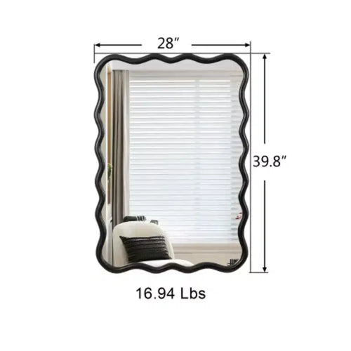 Specchio rettangolare ondulato in legno massello 40 x 28 - Nero per bagno, camera da letto, soggiorno, sala da pranzo, guardaroba, ingresso