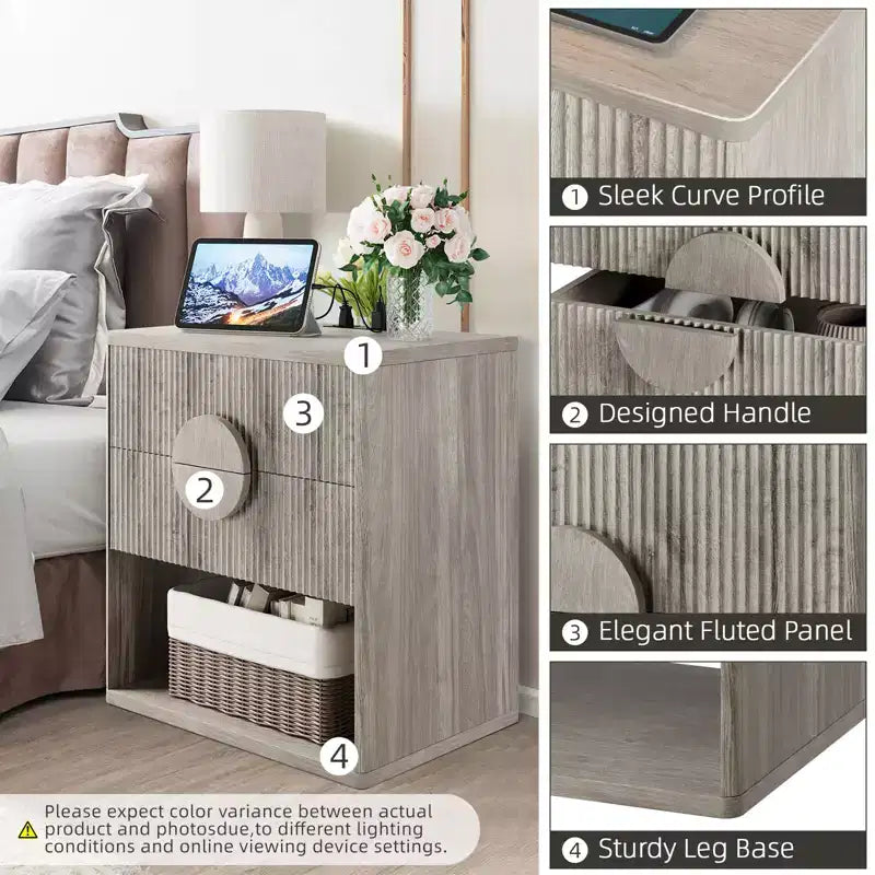 Comodino in Legno Truciolare con Motivo a Onde, Costruzione Durevole, Design Moderno, Salvaspazio, Facile Montaggio