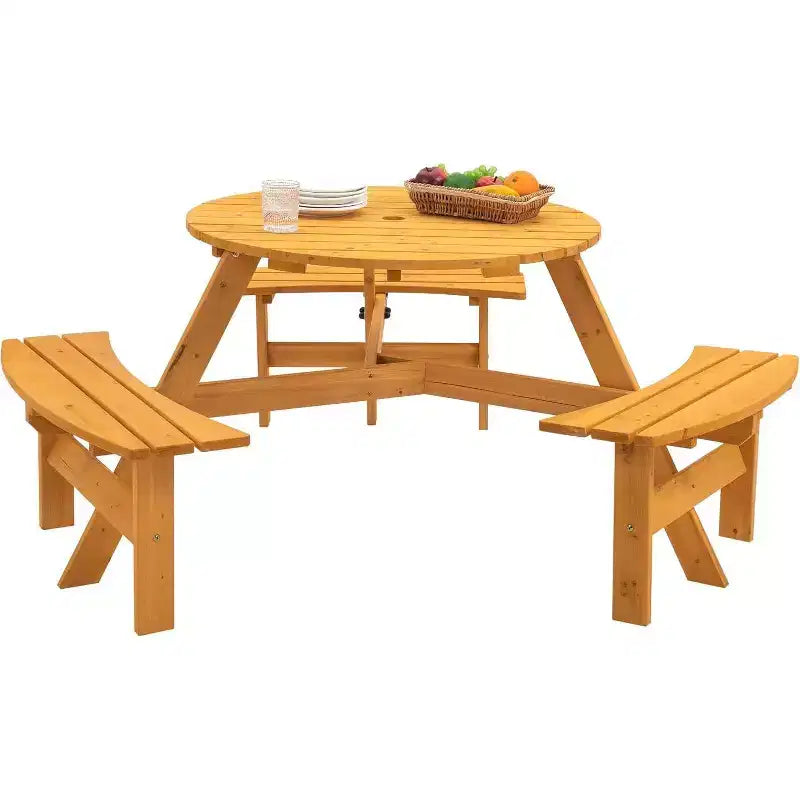 6 Person Round Picnic Table with Umbrella Hole, Outdoor Wooden Dining Set with 3 Built-in Benches, 1720lb Capacity for Garden/Patio