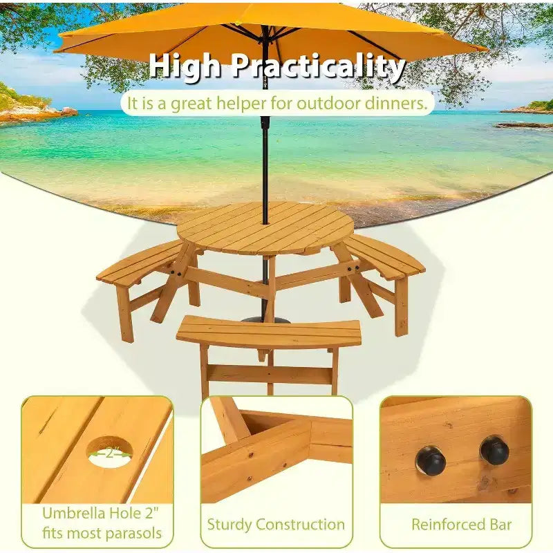 Tavolo da picnic rotondo per 6 persone con foro per ombrellone, set da pranzo in legno per esterni con 3 panche integrate, capacità 780 kg per giardino/patio