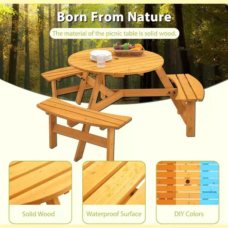 Tavolo da picnic rotondo per 6 persone con foro per ombrellone, set da pranzo in legno per esterni con 3 panche integrate, capacità 780 kg per giardino/patio