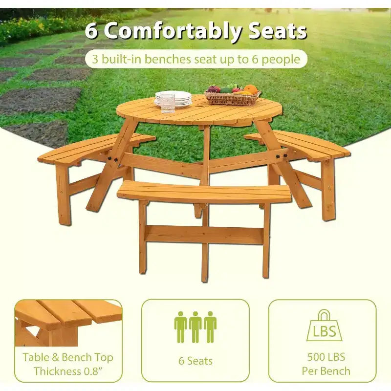 Tavolo da picnic rotondo per 6 persone con foro per ombrellone, set da pranzo in legno per esterni con 3 panche integrate, capacità 780 kg per giardino/patio