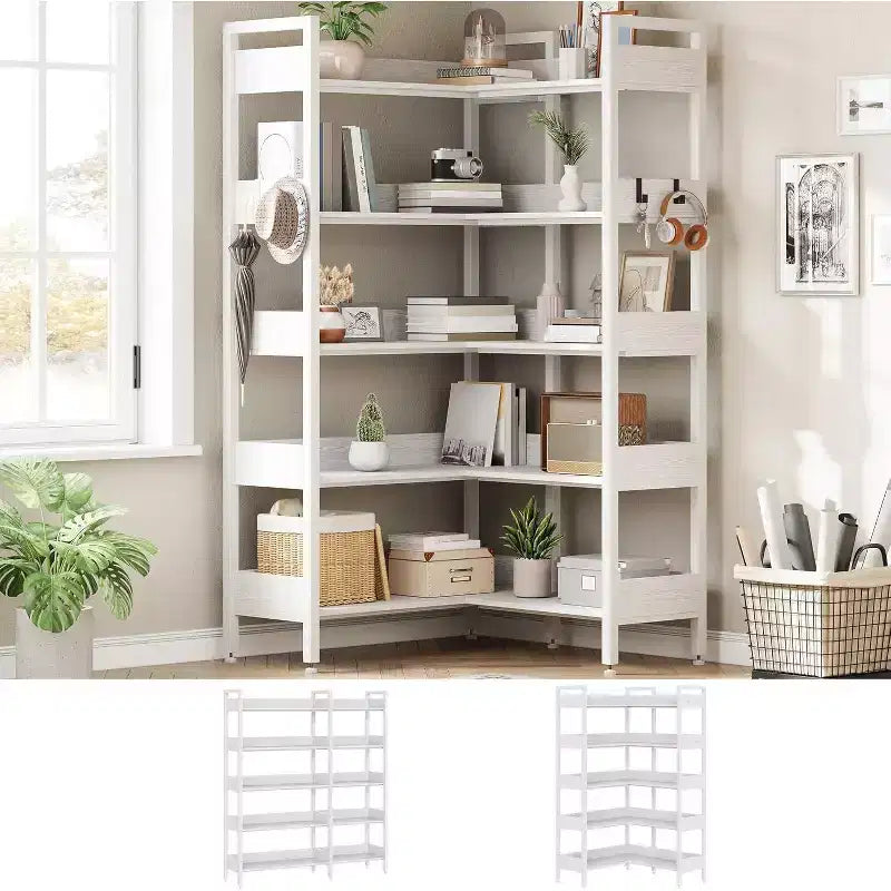 Garvee Libreria Angolare a 5 Ripiani con Ganci, Scaffale in Legno con Ripiani Aperti e Telaio in Metallo per Ufficio Domestico