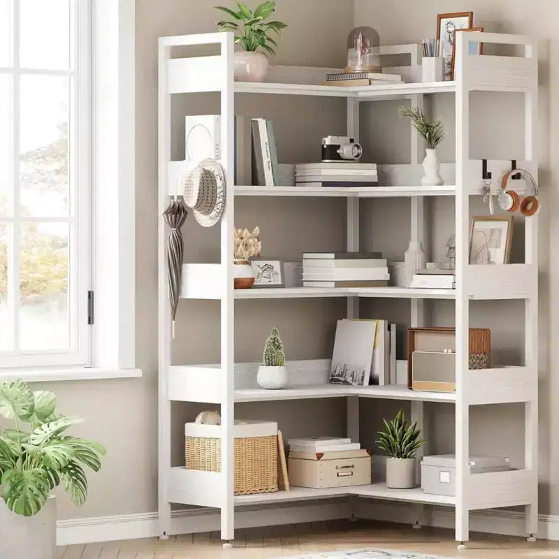 Garvee Libreria Angolare a 5 Ripiani con Ganci, Scaffale in Legno con Ripiani Aperti e Telaio in Metallo per Ufficio Domestico