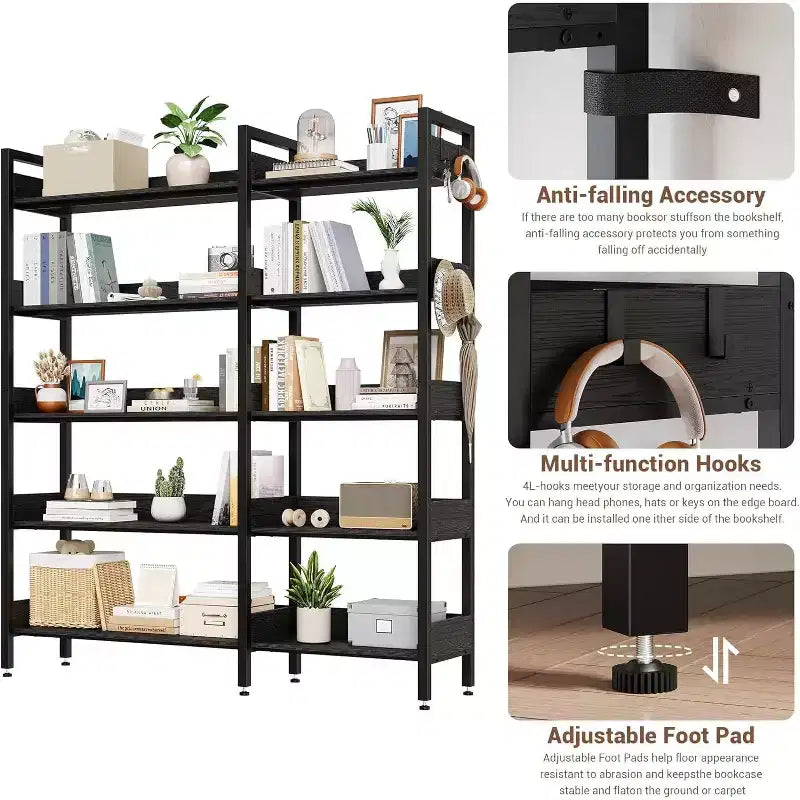 Garvee Libreria Angolare a 5 Ripiani con Ganci, Scaffale in Legno con Ripiani Aperti e Telaio in Metallo per Ufficio Domestico