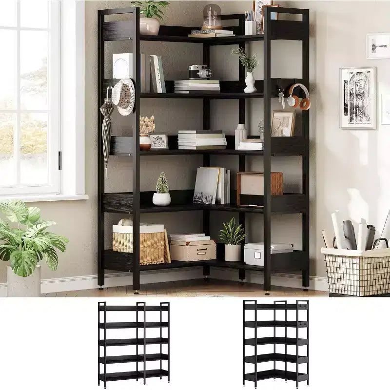Garvee Libreria Angolare a 5 Ripiani con Ganci, Scaffale in Legno con Ripiani Aperti e Telaio in Metallo per Ufficio Domestico